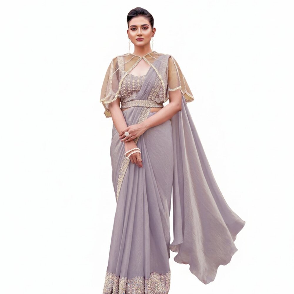 Elegant Women's Two-Tone Satin Silk Saree Pink with Cape Poncho